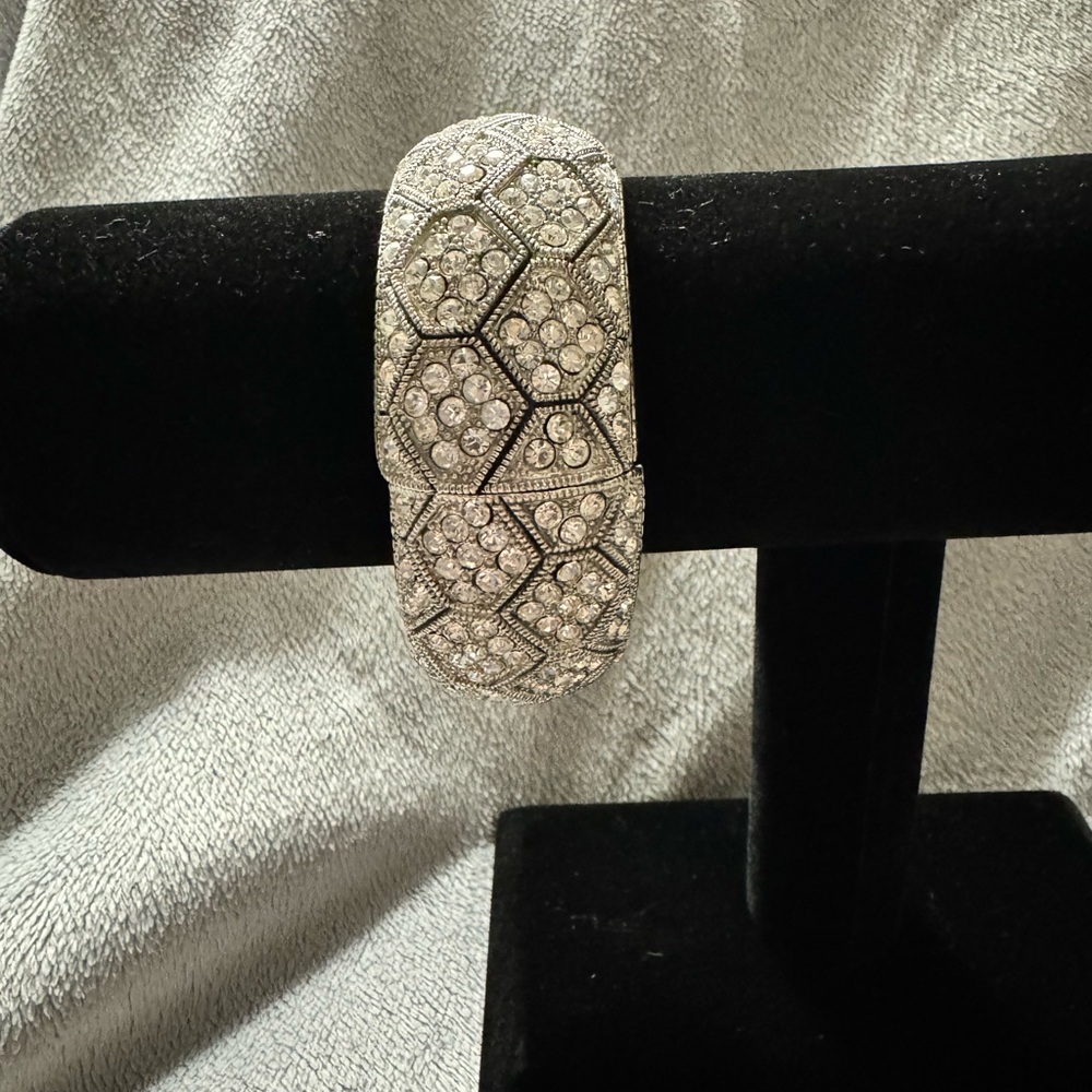 VTG Art Deco Silver Tone Hinge Statement Bracelet with Clear Rhinestones